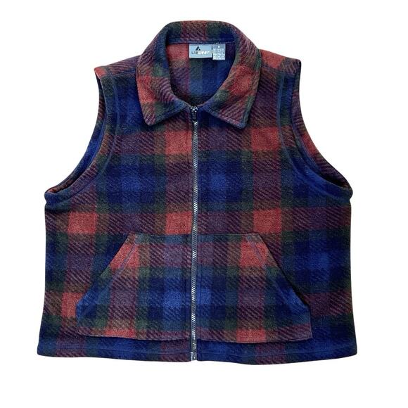 LizWear Fleece Vest Womens Medium Plaid Red Blue Full Zip Classic Trendy 90s Vtg - Picture 3 of 8